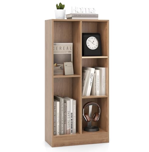 COSTWAY Libreria a 5 Cubi, Organizzatore di Stoccaggio Autoportante a 3 Livelli con 2 Kit Antiribaltamento, Mensola in Legno per Soggiorno Camera da Letto Ufficio, 50x24x104 cm (Naturale)