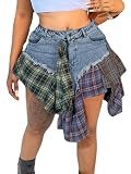 Denim Skirt Women Plaid Patchwork Sexy Mini Jean Skirts with Pockets Light Blue XL