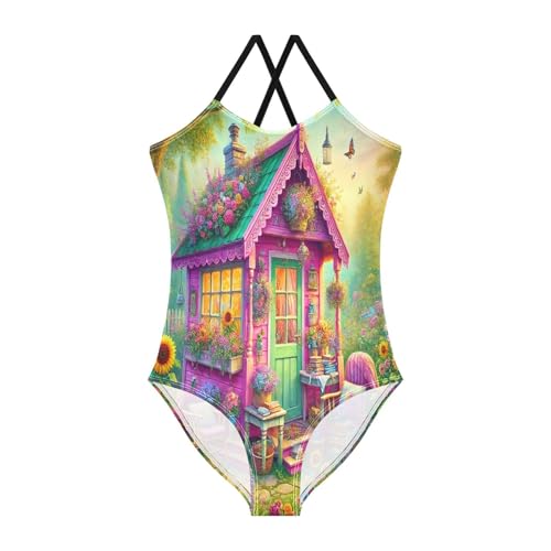 Flowers Sunflowers House Bathing Suits for Girls Kids Swimsuits Summer Beach Swimwear One Piece Swimsuits