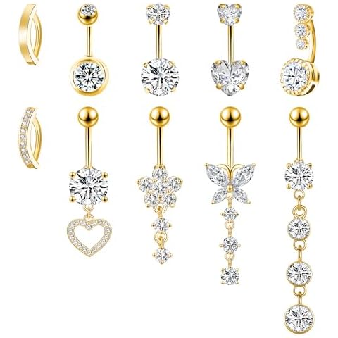 LEE&RO Gold Belly Button Ring Dangle Belly Piercing Hoop Belly Ring Surgical Steel Belly Button Rings 14G Navel Ring Belly Button Piercing Jewelry Cover