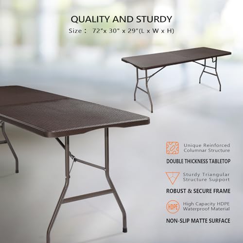 VINGLI 6 Foot Plastic Folding Table Portable Long Table for Indoor Outdoor Use Rectangular with Carrying Handle,Rattan Patterned HDPE Tabletop, Brown