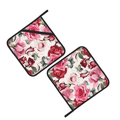 2-Pack Pink Rose Pot Holders For Kitchen Heat Resistant - Vintage Quilted Potholders For Kitchens - Washable Potholder For Cooking & Baking & Microwave #TOP1