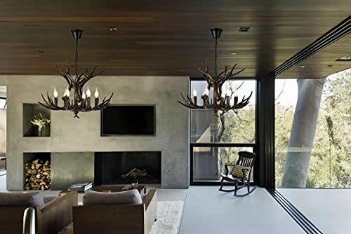 Rustic Antler Chandelier, Deer Horn Home Decoration Lighting, Coffee Black Color Antler Lamp, E12 Base 6 Lights Retro American Pendant Lights For Cafes, Living Rooms, Clothing Stores #TOP2