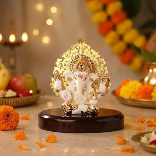 Image of 24k Gold Plated Kalpavrikshya Tree Ganesh Idol Ganpati Murti for Car Dashboard, Office Desk, Hindu God Gift & Home Decor - Resin (White)