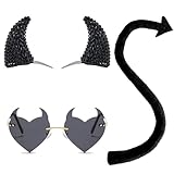 Ausejopeac Black Demon halloween Devil Costume Set, Black Devil Horns Headband and Devil Tail and Devil Horns Heart Sunglasses Halloween Devil Demon Cosplay Costume Party