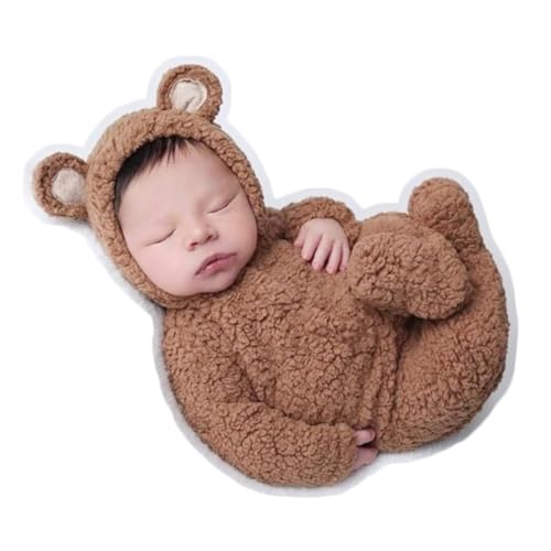 Zeroest Newborn Photography Props Boy Outfits Bear Baby Girl Photo Props Outfits Hat Footed Romper Sleeved Set for Photoshoot (Tan)
