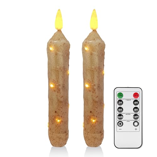 Image of 6.5 Inches Primitive Real Wax LED Flameless Short Candlesticks Hand Dipped Battery Operated Taper Candles with Timer Remote Candles for Vintage Rustic Home Decor, Pack of 2(Khaki)