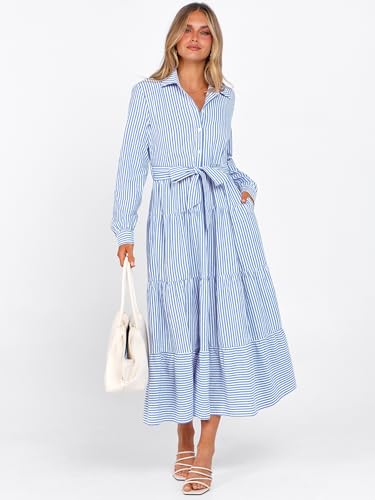 Caracilia Women Long Sleeve Maxi Dress 2025 Fall Casual Button Down Striped Plaid Tie Waist Shirt Dresses Vacation Outfits2