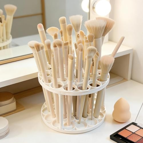 360° Rotating Brush Holder, Makeup Brush Organizer for Desk, Plastic Storage Box, 5.5×5.5×3.7 in White, Countertop Makeup Organizer with Glazed Finish, Space-Saving Cosmetic Display Case