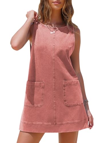 EXLURA Womens Sleeveless Denim Dress Casual Summer Crewneck A Line Overall Mini Dress Jean Jumper Pinafore with Pockets 2025 Dusty Pink