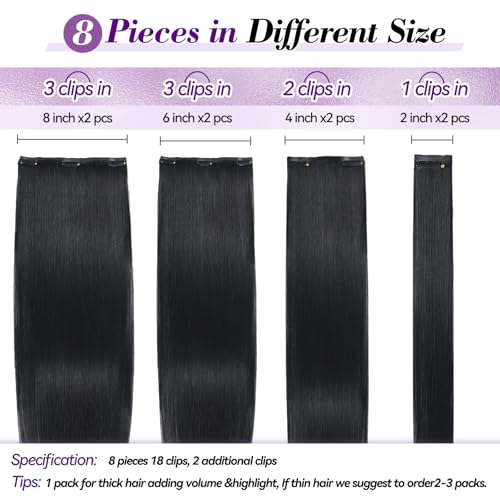 Image of Clip in Hair Extensions Real Human Hair 18 inch 100g /3.6oz Straight Seamless Invisible Human hair Extensions Clip ins for Women Double Weft 8pcs #1-Jet Black