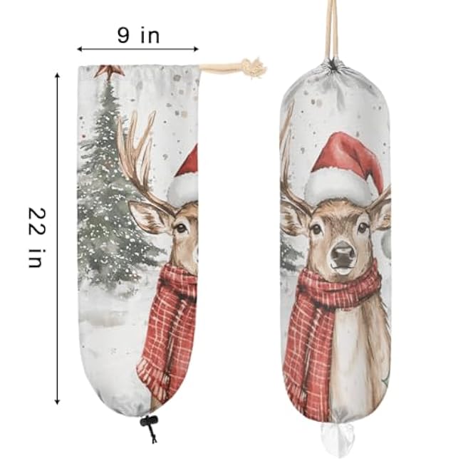 Merry Christmas Elk Plastic Bag Holder Deer Tree Grocery Bag Storage Dispenser Washable Hanging Shopping Bags Carrier Reusable Wall Mount Trash Bag Organizer for Kitchen Pantry