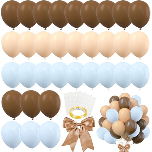 82 PCS Party Balloons Kit Latex 10 inch Brown Blue Khaki Cream Balloons with Brown Ribbon Bow for Boy Wedding Party Gender Reveal Decorations Baby Shower Bear Party Supplies (Style 9)