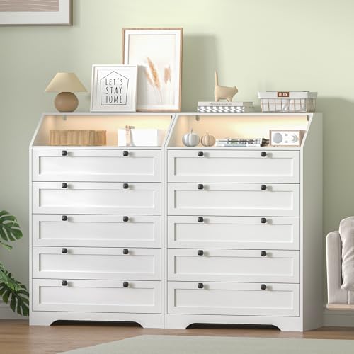Image of Wodeer White Dresser Tall 5 Drawer Dresser for Bedroom, Wood Chest of Drawers with LED Lights, Charging Station, Metal Handles, Modern Storage Cabinet and Organizer Drawers for Living Room, Hallway