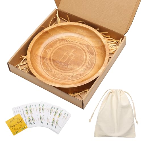 Pletpet 9 Inches Prayer Bowl Wooden with 25 Cards and Storage Bag, Handcrafted Prayer Dough Bowl Round Wood Decorative Rustic Prayer Bread Bowls for Religious Gifts,Christian Gifts