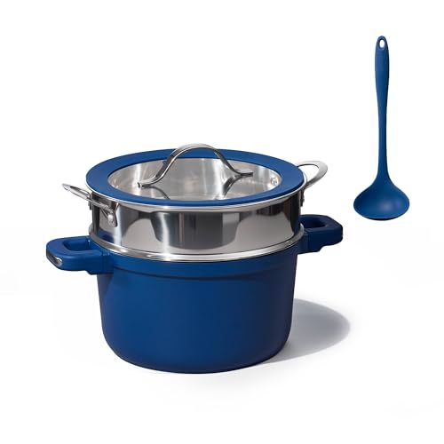 CAROTE 5.5QT Nonstick Stock Pot with Lid, 5.5 Quart Casserole with Ladle, Even Heating Stockpot, Fits All Stoves, Non Stick Big Cooking Pots PFOA Free, Blue