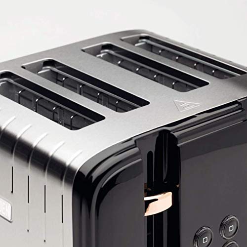 Haden Salcombe Black Toaster 4 Slice - Dual Browning Control, Retro Design, Wide Slot Toaster - Stainless Steel Housing - Self Centring Function - Easy To Clean Black Toaster - 2300W