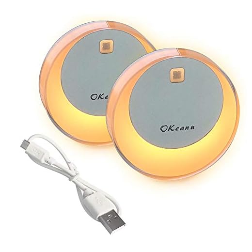 OKeanu Rörelsesensor nattlampa, 14 LED trådlös uppladdningsbar nattlampa, bärbara garderobslampor för hall, källare, garage, badrum, skåp, trappa (2-pack, gul)