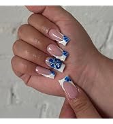 Long Square Press on Nails White French Tip Fake Nails Glossy Spring Flower Stick on Nails with d...