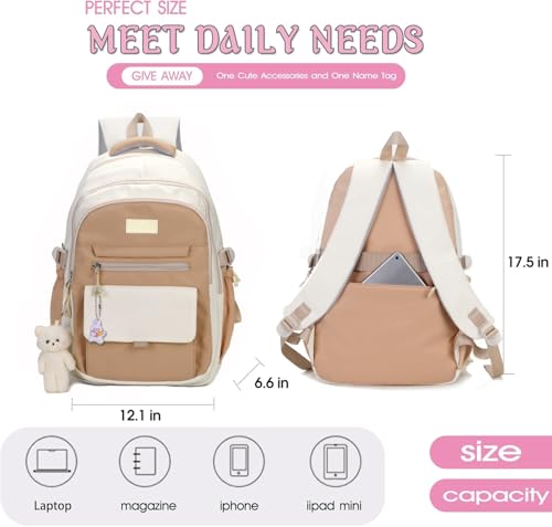 Image of PRLINJSK Girls Backpack for College High Middle School Student, Cute Aesthetic Bookbag for Teens Women with Accessories,Khaki Beige