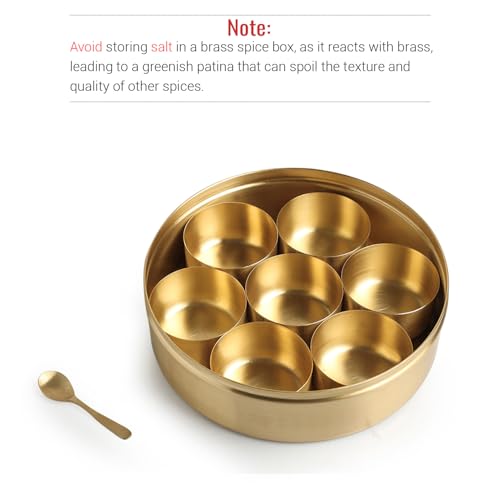 Image of ExclusiveLane 'Floral' Brass Spice Box for Kitchen with Spoon (7 Containers, 100 ml, Hand-Etched) | Brass Masala Box for Kitchen Masala Container Masala Dabba Masala Dani Namak Dani Spice Container