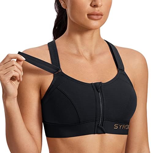 SYROKAN Women's Sports Bra High Impact Zip Front Adjustable Velcro Racerback Plus Size Wirefree Padded Full Figure Black 38DD