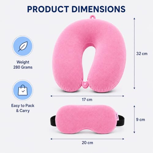 Image of Restify Premium Memory Foam Travel Neck Pillow with Eye Mask | Soft Velvet U Shape Neck Support Cushion for Flight, Airplane, Car & Office Travel | Portable Pillow for Men & Women | Pink