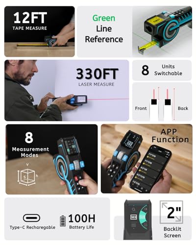 ACEGMET DTX10 3 in 1 Digital Tape Measure & Laser Measurement Tool, 330Ft Laser Distance Meter, Auto Lock Tape with 1/32\" High Precision, Green Alignment Laser, Area Volume Calculation & APP Sync