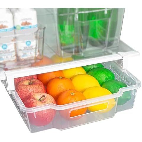 Smart Design Adjustable Pull Out Refrigerator Drawer - Extra Large - BPA Free Plastic - Holds 20 lbs - Extendable Sliding Fridge Bin, Freezer, Pantry Food Holder Storage Organizer - Kitchen - Clear Cover
