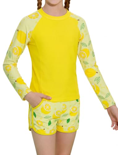 Image of Alakuoti Girls Rash Guard Swimsuit Two Piece Bathing Suit UPF 50+ Sun Protection Long Sleeve Swimwear 6-14 Years