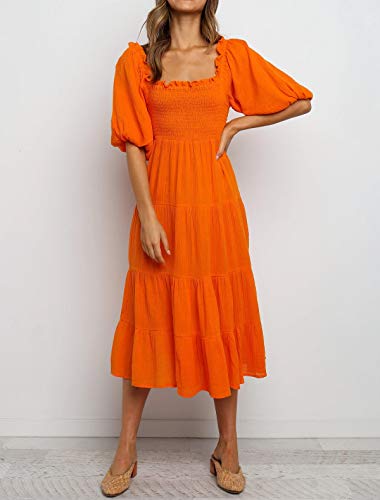 Image of R.Vivimos Women's Summer Cotton Lantern Sleeves Ruffled Off Shoulder A-Line Midi Dresses