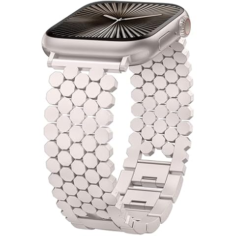 Minyee Compatible with Apple Watch Band 41/40/38/44/45/46/49/42mm Women, Dressy Honeycomb Metal Pretty Strap Designe Silver Luxury Wristband for iWatch Series 10 9 8 7 6 5 4 3 Ultra SE, Starlight Cover