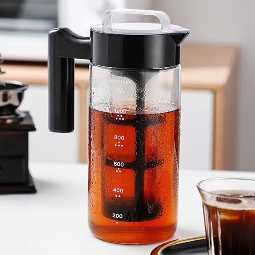 JanYoo Cold Brew Kaffeebereiter 1200ml, Cold Brew Coffee Maker mit Feinstfilter, Brühglas Karaffe mit Anti-Rutsch Henkel, Ausguss Karaffe für Eiskaffee, Eistee