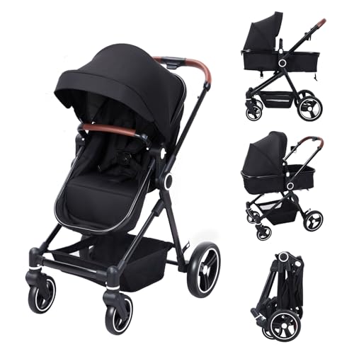 Image of Convertible Baby Stroller for Toddler 1-3, 2 in 1 Newborn Stroller with Removable Seat, Cup Holder, Harness, Lightweight Bassinet Stroller for Newborn with Large Storage Basket, Shock Absorbing