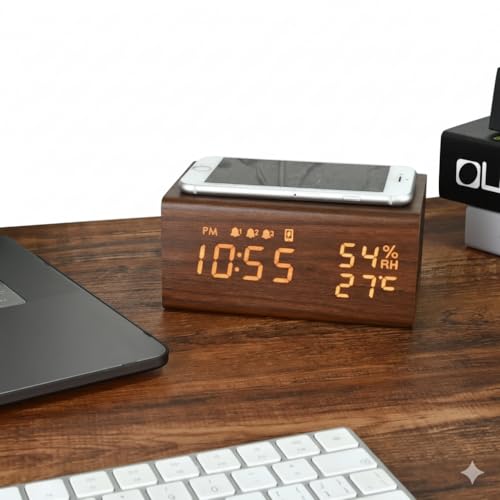 Image of Niyam Multifunctional Luxury Business Gift Wooden Digital Alarm Clock with Wireless Charging, Bluetooth Speaker, Temperature, Humidity (Wooden Bluetooth)