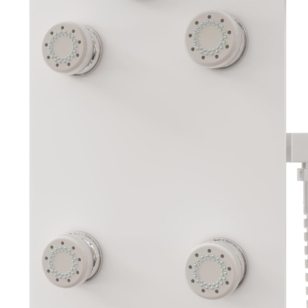 Pannello doccia in vetro bianco, 25 x 47,5 x 130 cm, con doccia a pioggia, getti massaggianti, doccetta a mano in acciaio inox, per bagno, benessere, relax e facile retrofit