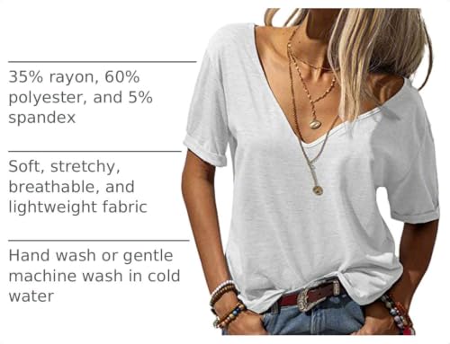 Image of Danedvi Women Deep V-Neck Short Sleeve Tops Solid Casual Loose T Shirt