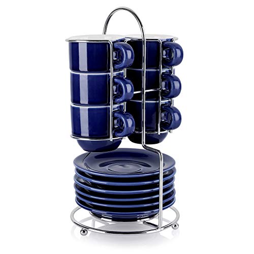 AVLA Set of 6 Porcelain Stackable Espresso Cups with Saucers and Metal Stand 3 Ounce Coffee Cup Set Demitasse Cups for Specialty Coffee Drinks Espresso Cappuccino Latte and Tea Navy Blue