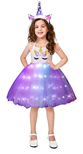 Girls Unicorn Princess Costume LED Light Up Birthday Party Outfit Halloween Tutu Dress with Headband Rainbow 5-6X