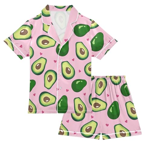 Cute Avocado Pink Hearts Summer Satin Pajama Set, Cute Button-Down Sleepwear Pj Set for Sleep Wears