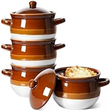 LE TAUCI French Onion Soup Bowls with Lids, 16 oz Ceramic Soup Crocks with Handles, Oven/Microwave/Dishwasher Safe, Set of 4 From Oven to Table for French Onion, Chili, Pot Pies