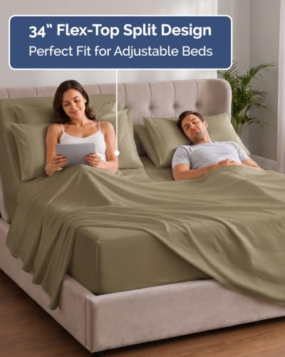 Image of CGK Unlimited Extra Deep Flex Top Split Head King Sheet Set - 6 Piece Breathable and Cooling Sheets - Hotel Luxury Bedding for Women, Men, Kids & Teens - Easy Secure Fit - Extra Deep Pockets - Khaki