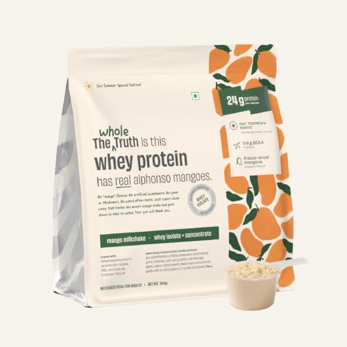 Image of The Whole Truth Whey Protein Isolate+Concentrate | Mango Milkshake 500g (1.1 lbs) I 24g Protein per scoop I 5.6g BCAA | 100% Authentic Whey | Made with Real Alphonso Mangoes | No Artificial Flavours