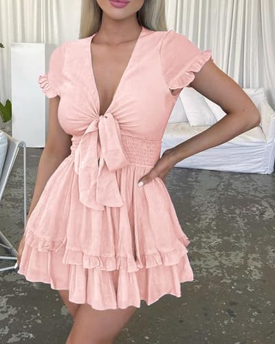 PRETTYGARDEN Women Summer Mini Short Dress 2025 Short Sleeve Casual Beach Vacation Sundress V Neck Tiered Sun Dresses