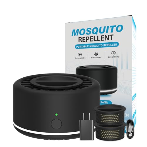Mosquito Repellent Outdoor Patio, Recharageable Mosquito Repeller 2 Plant-Based Refills, Ready-to-use Mosquito Repeller Device for Camping Outing(Black, Pack of 1)
