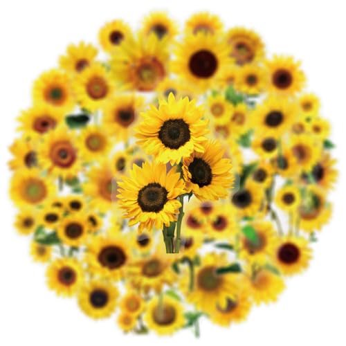 50pcs Sunflower Stickers for Laptop Water Bottles, Transparent PET Waterproof Aesthetic Sticker for Kids Birthday Party Scrapbook Phone (Yellow)
