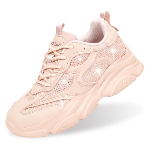 Niluber Women's Rhinestone Fashion Sneakers-Diamon Glitter Sparkly Sneakers-Mesh Breathable Bling Walking Shoes(Nude Rhinestone,7)