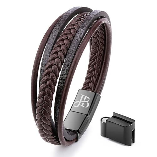 Jewellbox Pulsera de cuero para hombre, negra, tamaño ajustable 21 cm - 22,2 cm, pulsera premium para hombre con cierre magnético
