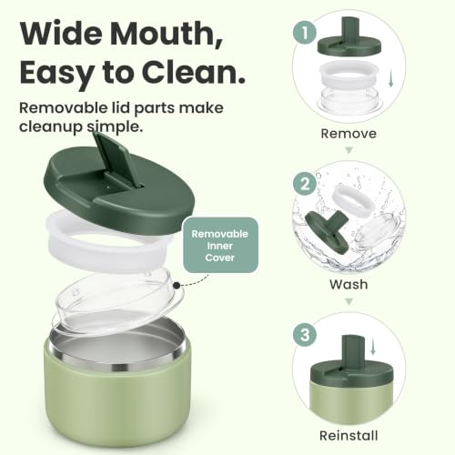 Image of Pawtong 12oz Insulated Vacuum Food Jar with Buckle Lid Wide Mouth Soup Thermo for Hot Food Kids Leakproof Stainless Steel Lunch Container- Green- 1Pack