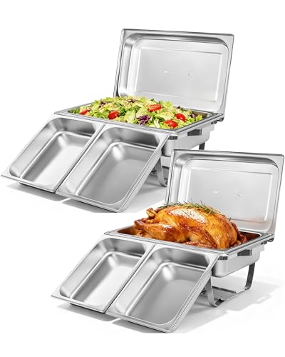 Chafing Dishes for Buffet 2 Pack, 9L Roll Edge Designed Chafing Dish Buffet Set [2 Full & 4 Half Size Pans] Food Warmers for Parties, Birthday, Holiday Parties, Church Events (Silver)